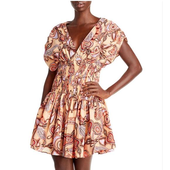 NWT A.L.C. Luna Mini Dress Smocked Ruched Ruffle ALC V-Neck Paisley Print sz S 4 - Picture 4 of 15